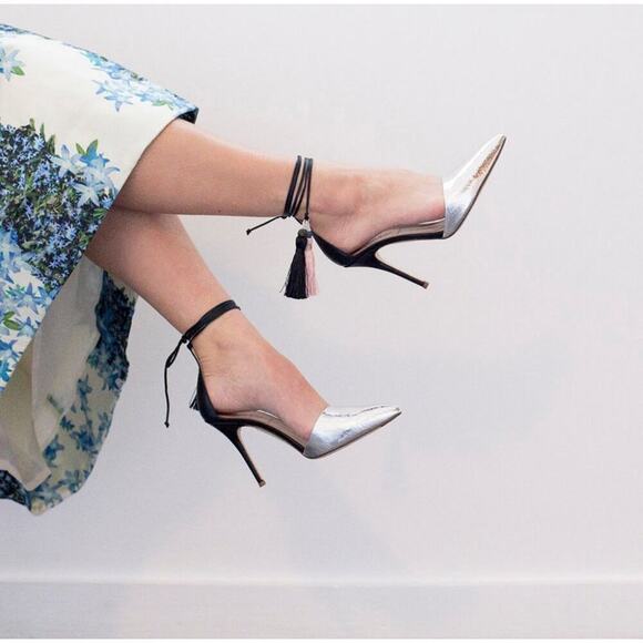 J. CREW Roxie Ankle Tie Tassel Pumps in Silver, Black, and Pink Women's Size 8 - Picture 3 of 16